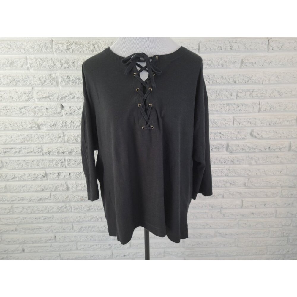 Woman Within Womens Plus Size 2X Top Blouse Black Cotton Lace Up BLA191E